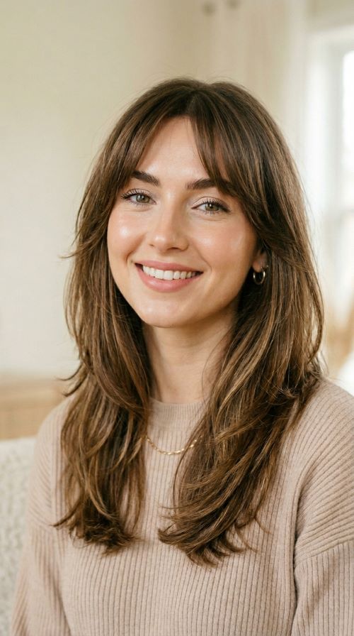 Long Hair with Layered Curtain Bangs