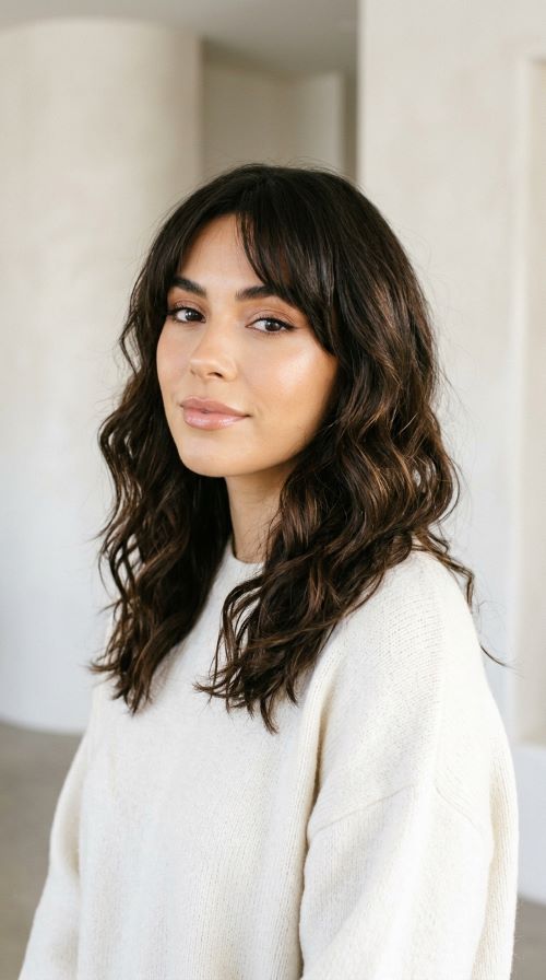 Long Wavy Hair with Side-Swept Bangs